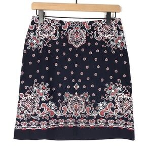 TALBOTS Skirt Bandana Paisley Floral Dots Navy Blue White Red Petite Size 2P